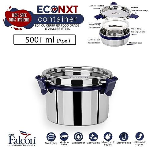PDDFALCON EcoNxt Stainless Steel Lunch Box Set,With Airtight Lids,Easy to Clean,100% Leakproof With BIS Certified, Jindal Seal & Made In India Perfect for Office, School,Set of 1 - Blue (500ml) Tall - Image 2