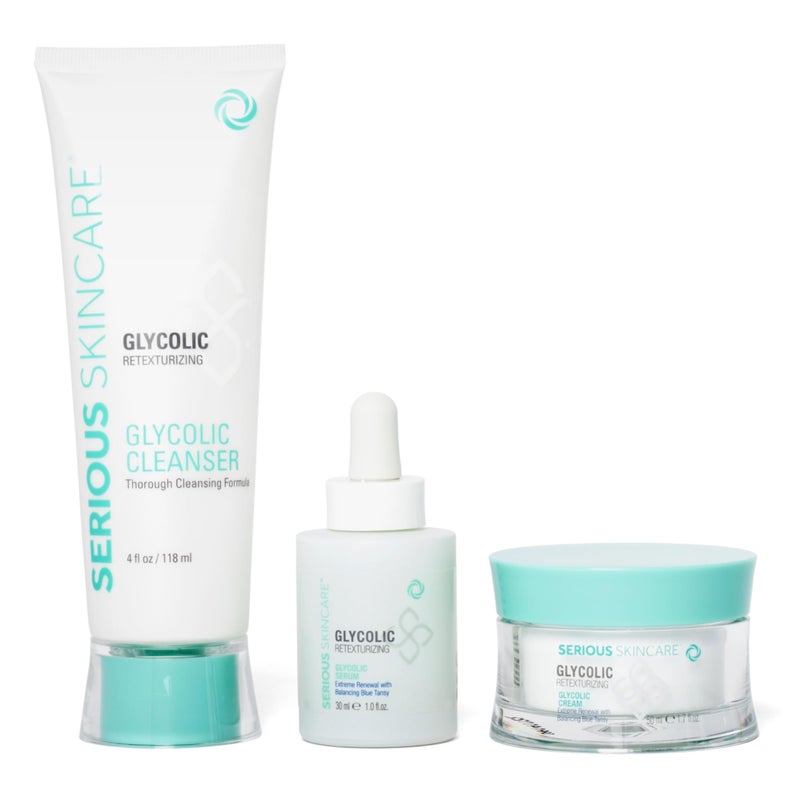 Serious Skincare Glycolic Skin Renewal Set - Retexturizing Serum - Facial Moisture Cream - Face Wash Cleanser - Balancing Blue Tansy Extract - Improve Appearance of Lines, Wrinkles and Enlarged Pores - Image 1