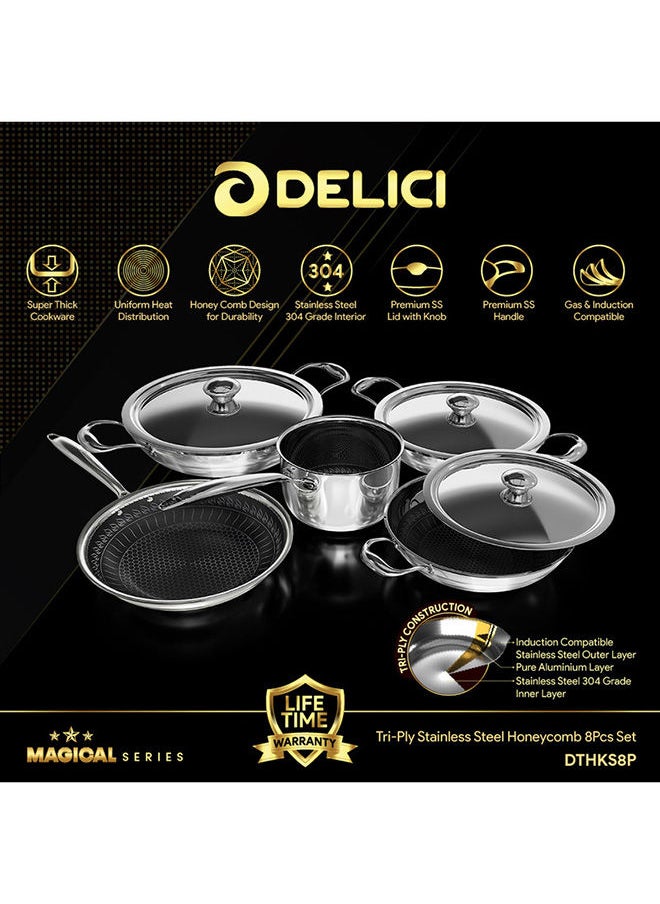DELICI - 8-Piece Cookware Set   Tri-Ply Stainless Steel Honeycomb (DTHKS8P) - Fry Pan, Milk Pan, Kadai Pan with Steel Lids, Inner Honeycomb Etching Design, Premium Riveted SS Handle,Non-Stick Interior - Image 1