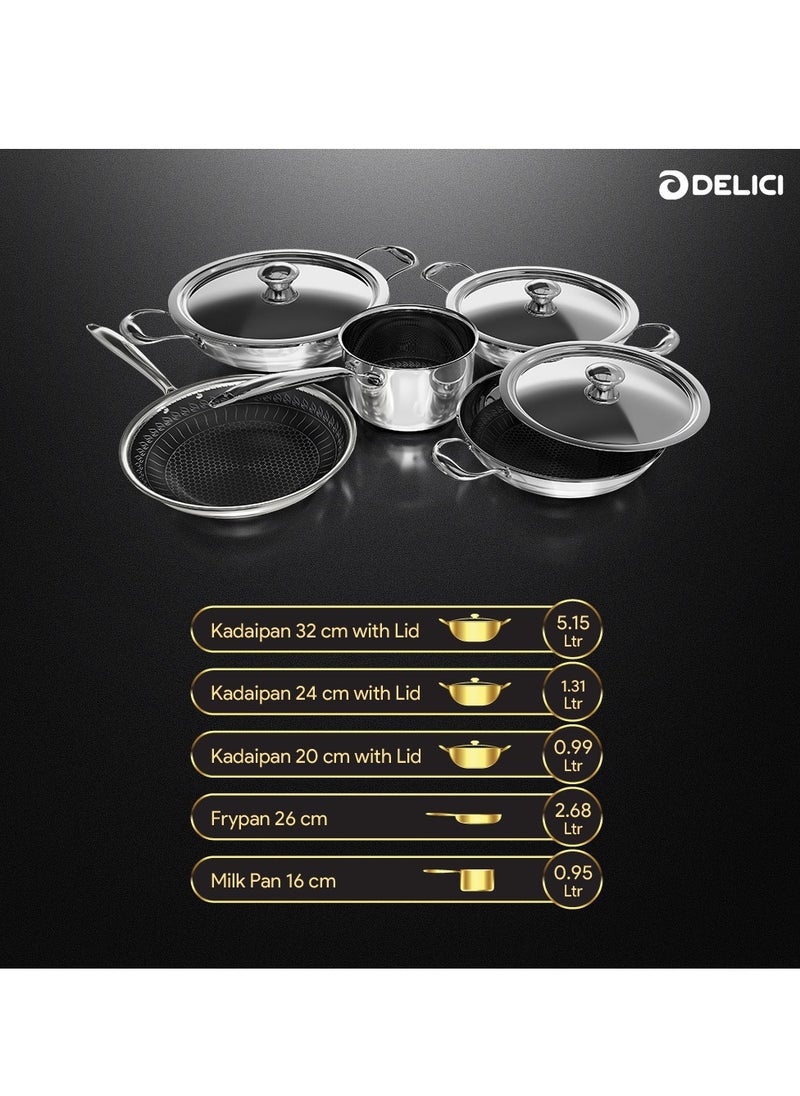 DELICI - 8-Piece Cookware Set   Tri-Ply Stainless Steel Honeycomb (DTHKS8P) - Fry Pan, Milk Pan, Kadai Pan with Steel Lids, Inner Honeycomb Etching Design, Premium Riveted SS Handle,Non-Stick Interior - Image 1