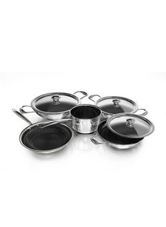 8-Piece Cookware Set   Tri-Ply Stainless Steel Honeycomb (DTHKS8P) - Fry Pan, Milk Pan, Kadai Pan with Steel Lids, Inner Honeycomb Etching Design, Premium Riveted SS Handle,Non-Stick Interior