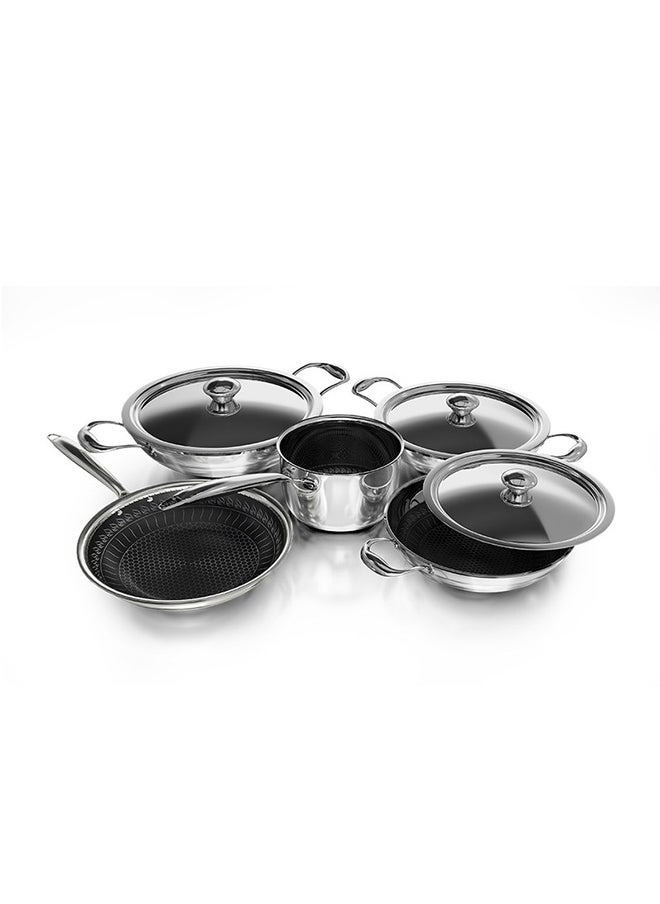 DELICI - 8-Piece Cookware Set   Tri-Ply Stainless Steel Honeycomb (DTHKS8P) - Fry Pan, Milk Pan, Kadai Pan with Steel Lids, Inner Honeycomb Etching Design, Premium Riveted SS Handle,Non-Stick Interior - Image 1
