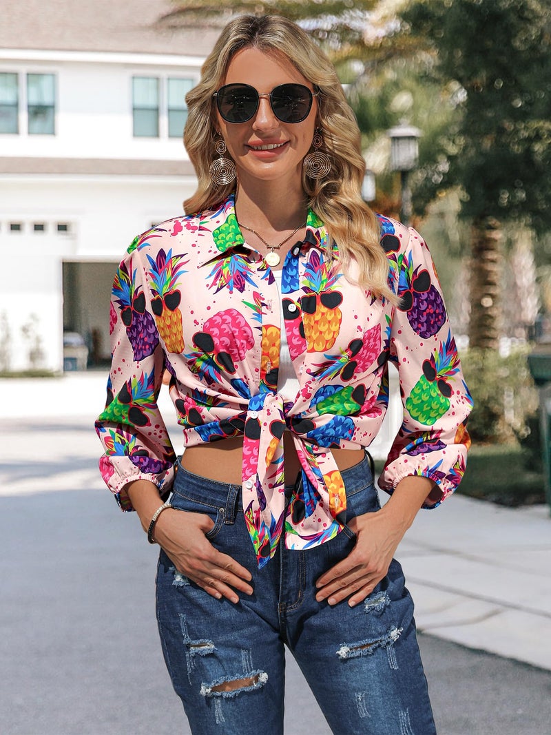 ZXZY Women Pineapple Printed Lapel Collar Half Sleeves Buttons Down Blouse Shirt - Image 5