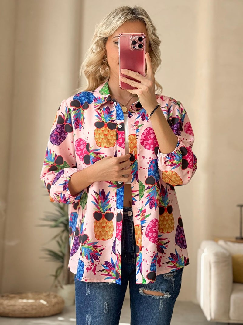 ZXZY Women Pineapple Printed Lapel Collar Half Sleeves Buttons Down Blouse Shirt - Image 4