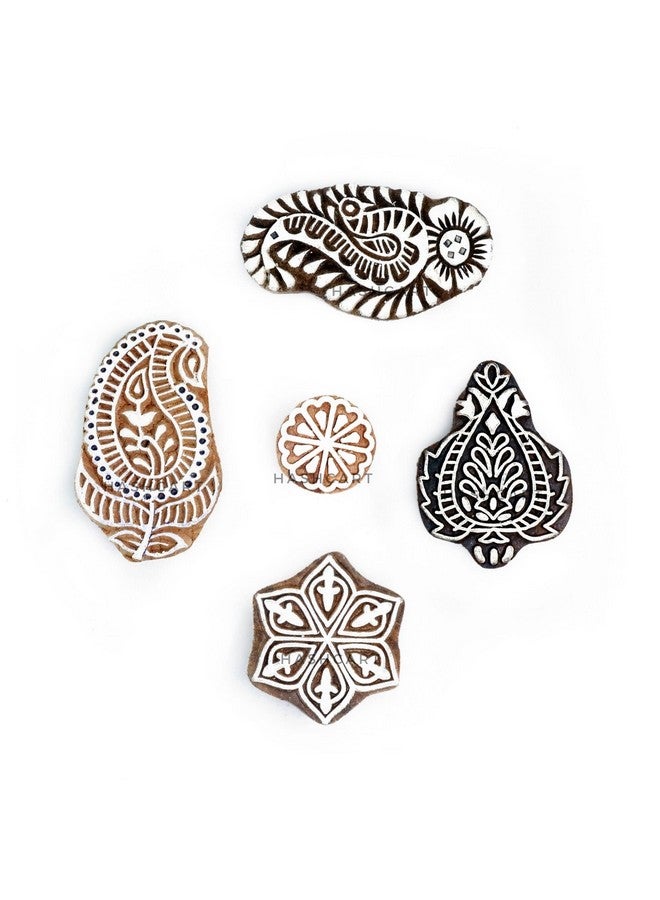 Hashcart | Set of 5 | Paper Print Stamps Paisley Pattern Wooden Blocks for Block Printing Stamp, Artistic Shapes Craft Kids Saree Border Henna Fabric Textile Paper Clay Pottery - Image 2