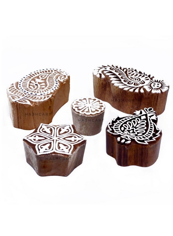 Hashcart | Set of 5 | Paper Print Stamps Paisley Pattern Wooden Blocks for Block Printing Stamp, Artistic Shapes Craft Kids Saree Border Henna Fabric Textile Paper Clay Pottery - Image 1