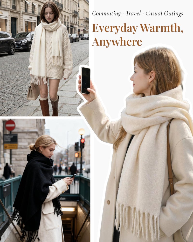 Achillea Warm Cashmere-Feel Winter Scarf â€“ Thick Shawl Wrap for Cold Weather, Blanket Scarf for Everyday Wear (Beige) - Image 4