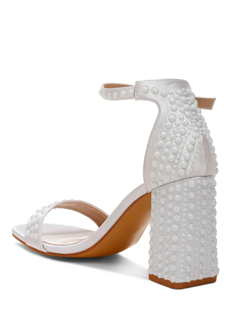 London Rag Pearls Embellished Satin Sandals in Off White
