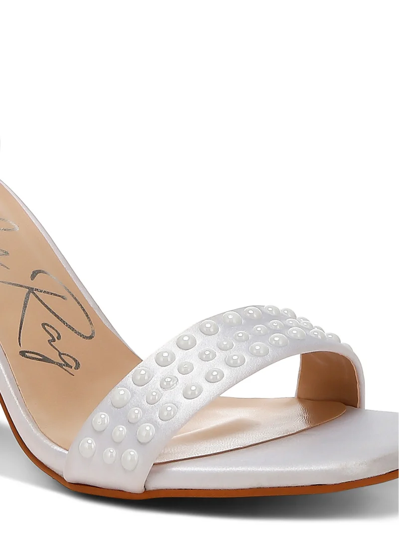 London Rag Pearls Embellished Satin Sandals in Off White