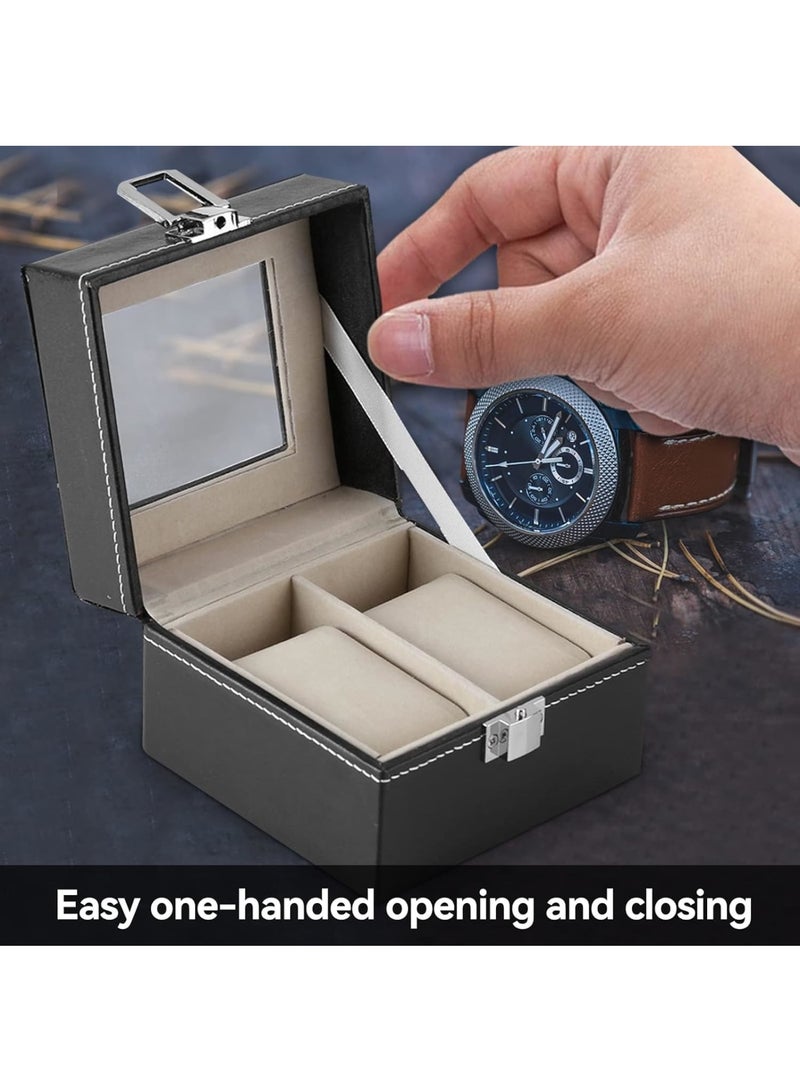 SOLARAE Watch Case, PU Leather Watch Display Box, Men's & Women's 2 Slots Jewelry Organizer, for Storing Watches and Luxury Jewelry, Gift Storage Case (4.3 x 4.3 x 3.1 inch, Black) - Image 2