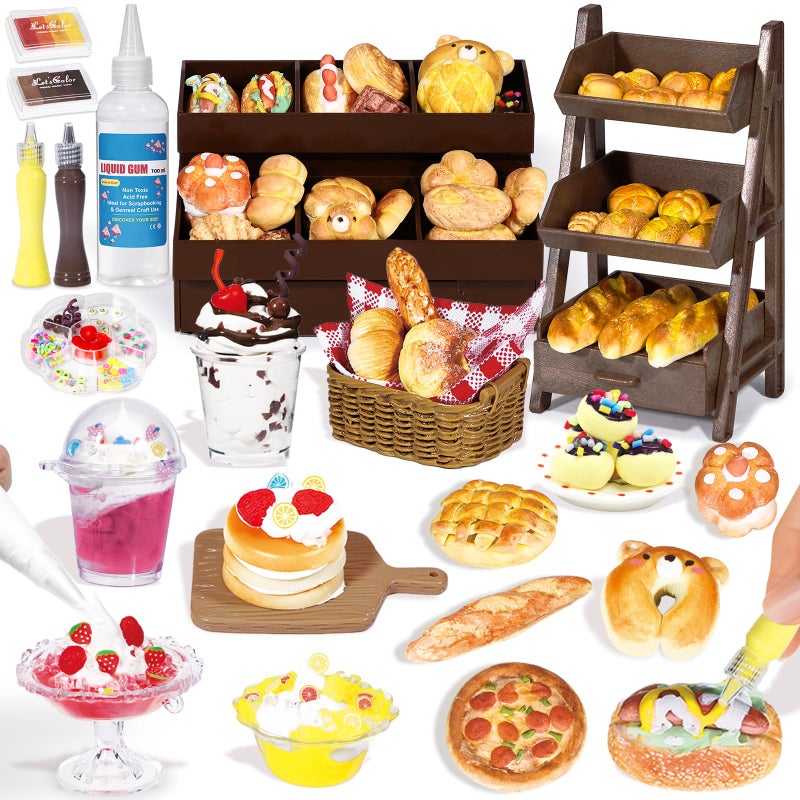 Crelloci Mini Bake Shop DIY Craft Kit Resin Clay Caf Play Set with Counter Display Rack Paints Cream Glue Molds Realistic Pretend Bread Cakes Drinks Creative Mini Food Toy for Kids 6 - Image 3