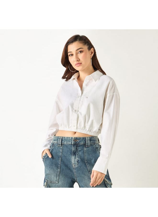 Lee Cooper Lee Cooper Regular Fit Solid Cropped Oxford Shirt with Elasticated Hem  - Image 1
