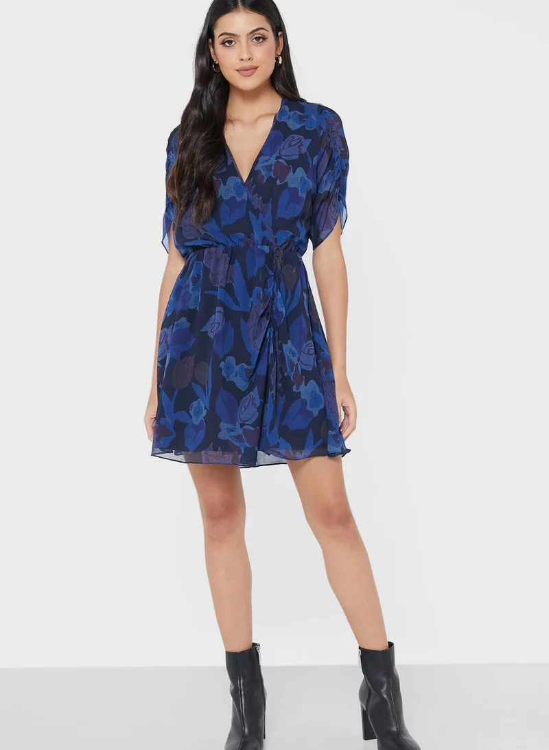 Ted Baker Plunge Neck Ruffle Detail Printed Dress