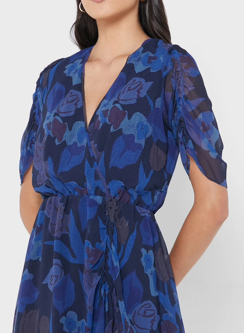 Ted Baker Plunge Neck Ruffle Detail Printed Dress