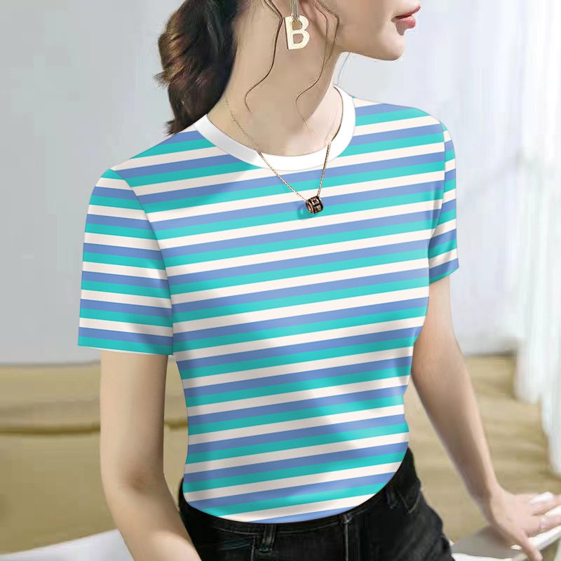 Mother'S Casual Short-Sleeved T-Shirt Women'S Colorful Striped Round Neck Loose Slimming Base Shirt - Image 4