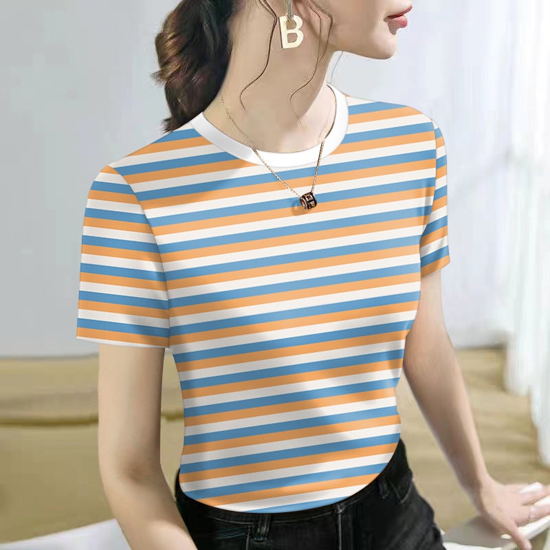 Mother'S Casual Short-Sleeved T-Shirt Women'S Colorful Striped Round Neck Loose Slimming Base Shirt - Image 5