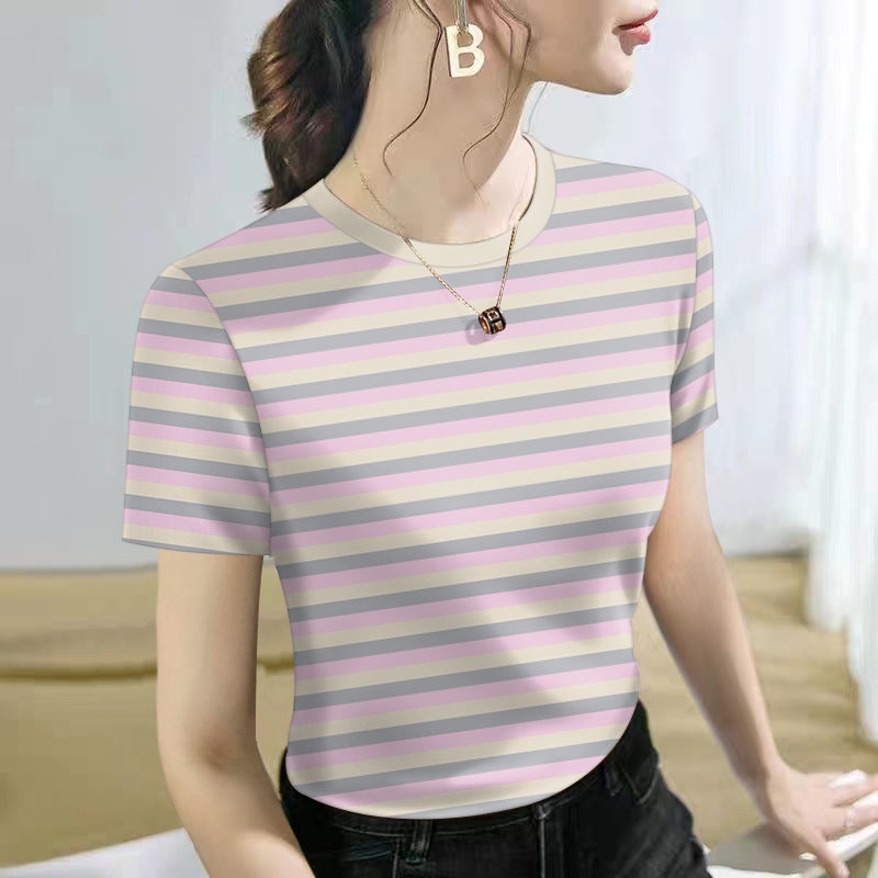 Mother'S Casual Short-Sleeved T-Shirt Women'S Colorful Striped Round Neck Loose Slimming Base Shirt - Image 1