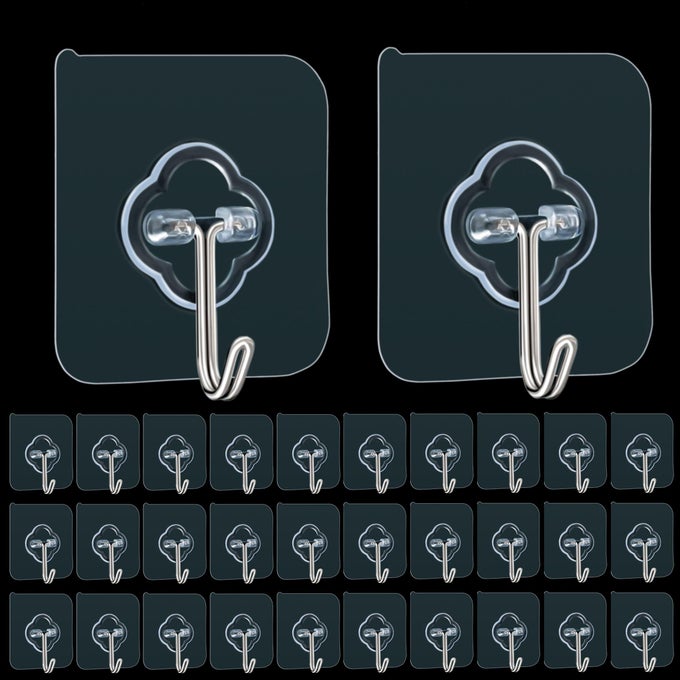 ADHESIVE HOOKS 32 PACK 33LBMAX STICKY HOOKS TRANSPARENT REUSABLE REMOVABLE ADHESIVE HOOKS FOR HANGING WALL HOOKS FOR HANGING CAN BE USE FOR KITCHEN BATHROOM SHOWER OUTDOOR HOME IMPROVEMENT