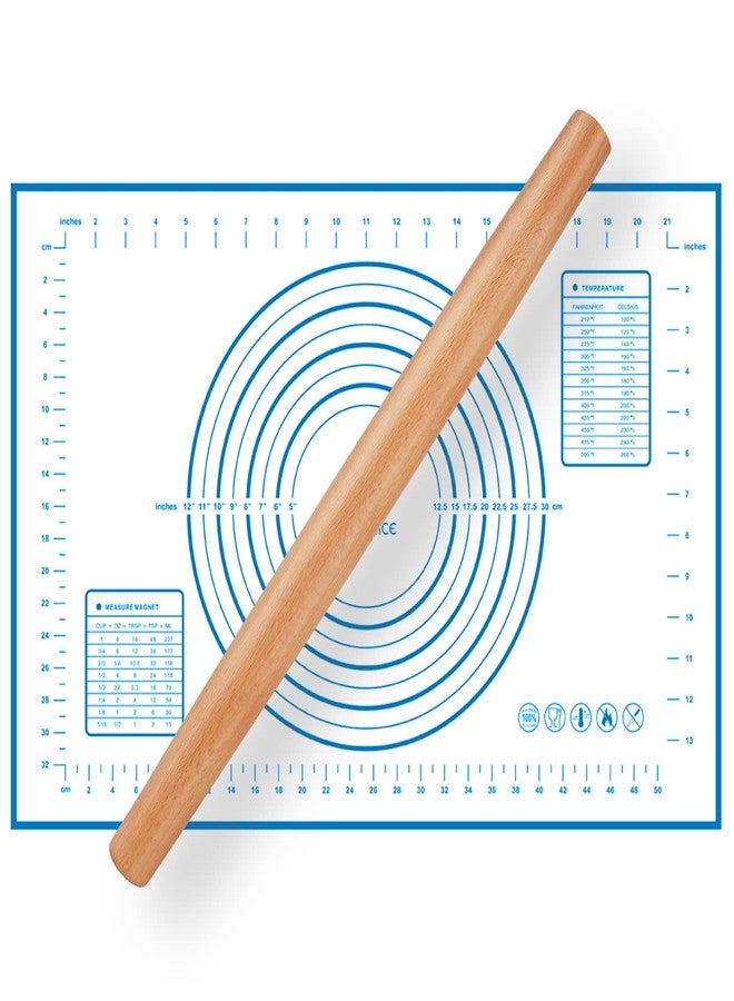 Quellance Wood French Rolling Pin for Baking, QUELLANCE Wooden Dough Roller with Silicone Baking Mat, Beech Wood Rolling Pins for Baking Dough, Pizza, Pie, Pastries, Pasta and Cookies,Blue Pastry Mat - Image 1