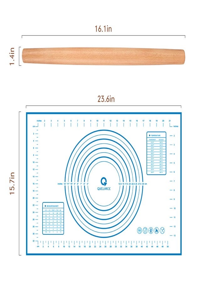 Quellance Wood French Rolling Pin for Baking, QUELLANCE Wooden Dough Roller with Silicone Baking Mat, Beech Wood Rolling Pins for Baking Dough, Pizza, Pie, Pastries, Pasta and Cookies,Blue Pastry Mat - Image 3