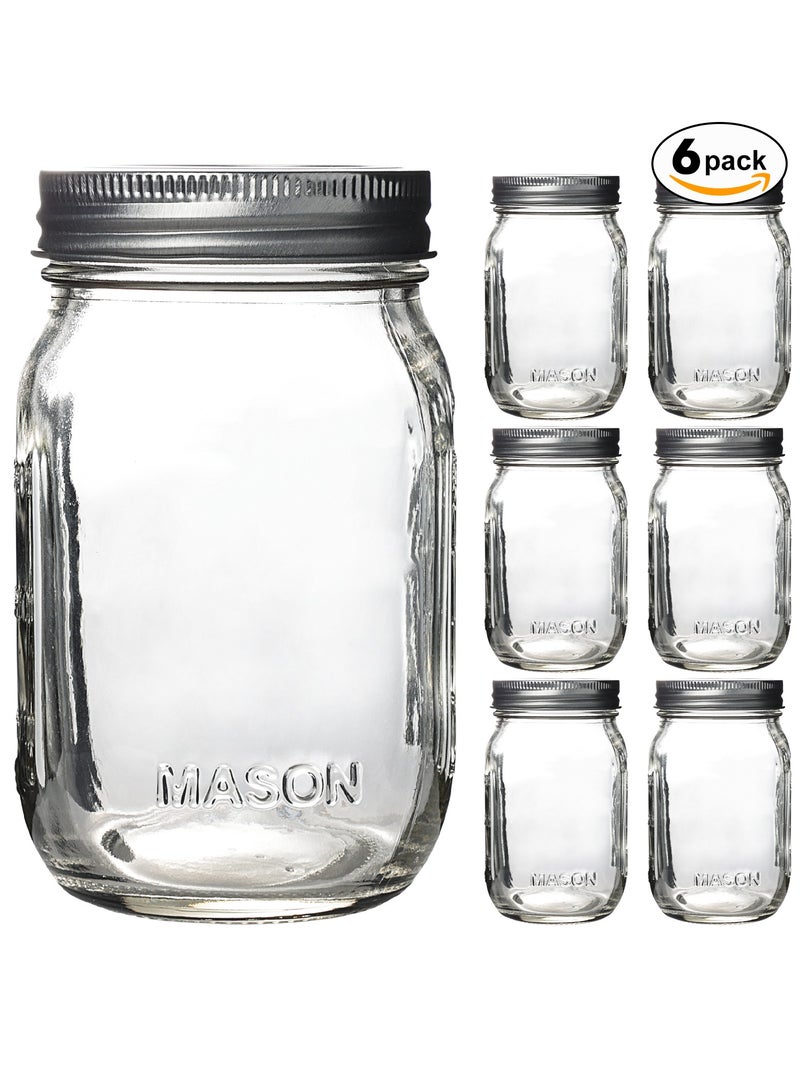Mason 6 Piece Spice Jar Set, BPA-Free Storage Glass Jar With Silver Airtight Lid, 473ml Big Containers For Organizing Spice、Food、Tea、Coffee - Image 1