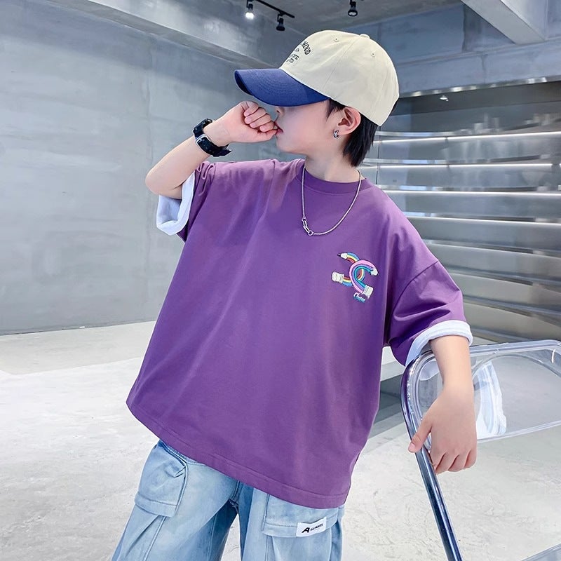 Boys' Summer Trendy Purple Pure Cotton Short-Sleeve T-Shirt 2026 New Style Children'S Boys' Summer Clothing Stylish Loose Top Trendy T-Shirt - Image 5