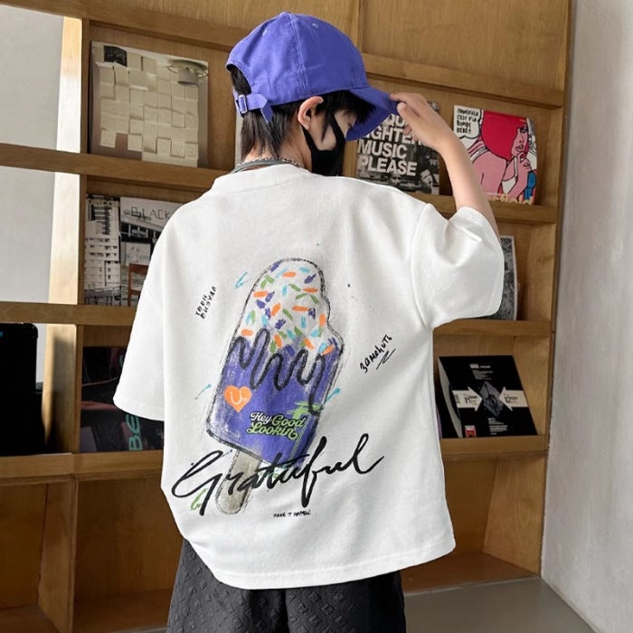 Boys' Summer Trendy Purple Pure Cotton Short-Sleeve T-Shirt 2026 New Style Children'S Boys' Summer Clothing Stylish Loose Top Trendy T-Shirt - Image 1