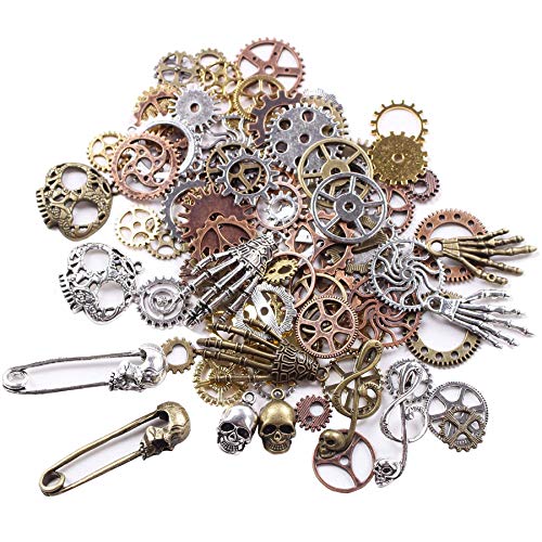 BIHRTC 140 Gram Approx 92pcs DIY Assorted Color Antique Metal Steampunk Watch Gear Cog Wheel Skull Musical Note Skull Hand Safety Pin Charms Pendant for Crafting Jewelry Making Accessory