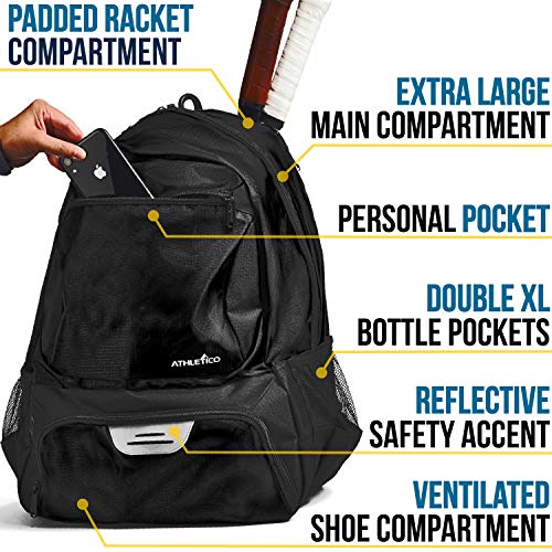 Athletico Premier Tennis Backpack - Tennis Bag Holds 2 Rackets in Padded Compartment | Separate Ventilated Shoe Compartment | Tennis Bags for Men or Women (Black) - Image 4