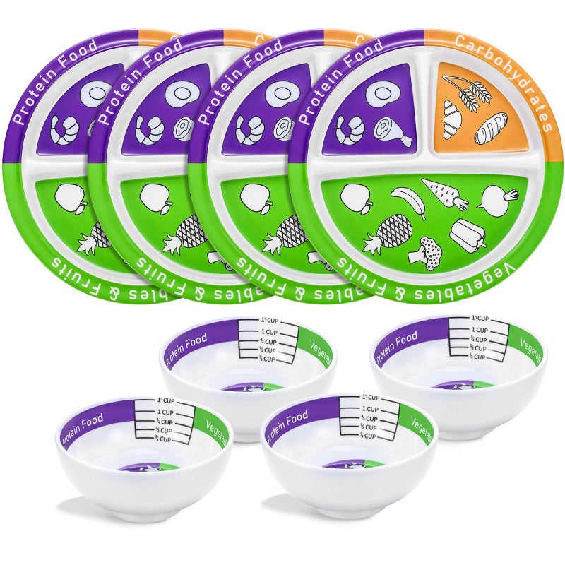 Tioncy 8 Pcs Bariatric Portion Control Set with 4 Bariatric Plates 4 Portion Control Bowls for Adults Diet Balanced Eating Weight Loss Serving Plans(Classic) - Image 1