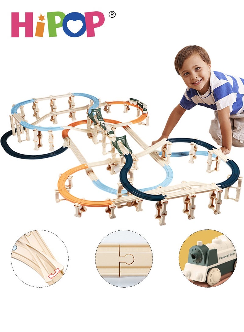 MIXDE Electric Train Toy Set,Double Layer Simulation Track,Locomotive,Carriage,Road Sign,Tree,Electric Assembly Toy - Image 1