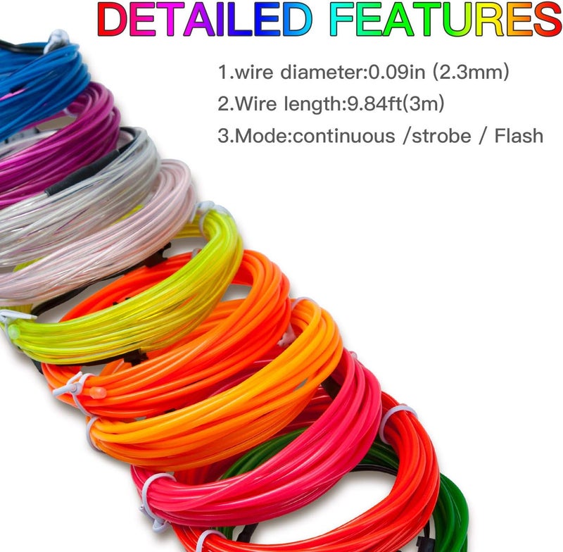 lychee 9ft EL Wire Lights Neon Glowing Strobing Electroluminescent Light El Wire w/Battery Pack for Parties, Halloween Decoration (Ice Blue) - Image 3