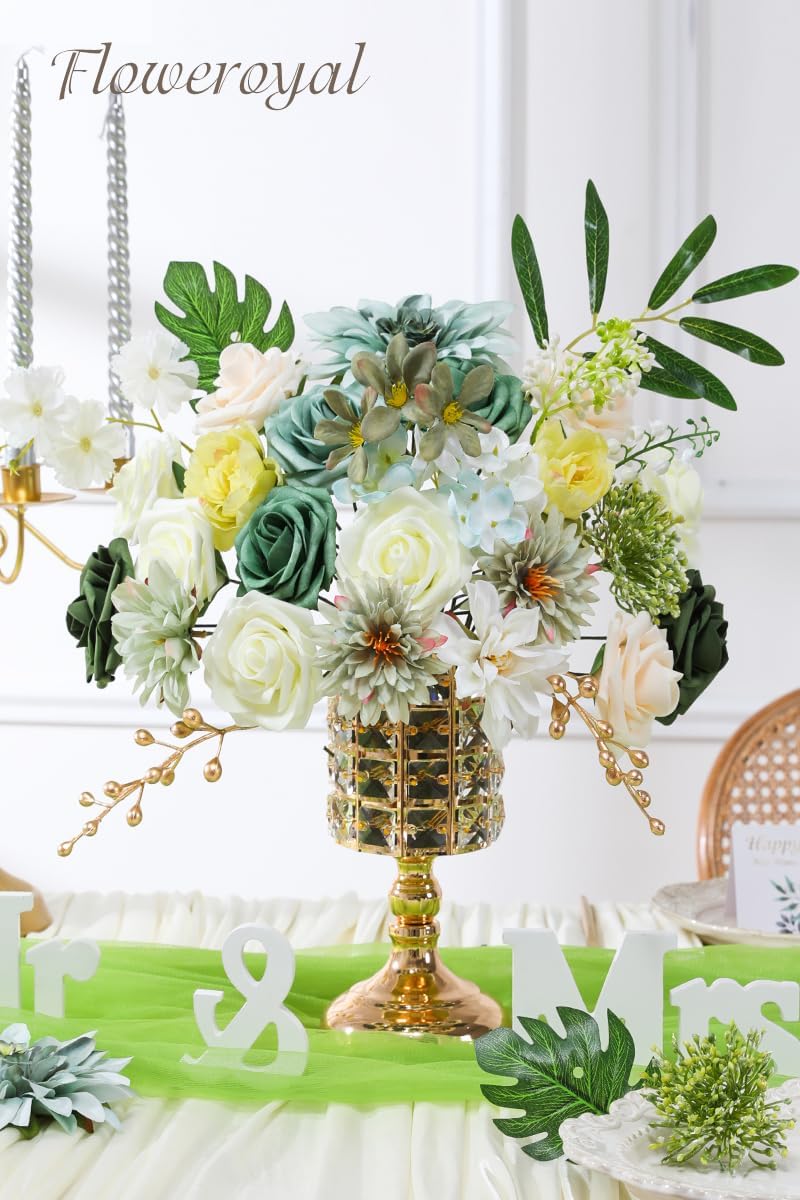 Floweroyal Artificial Flowers Combo Green Flowers Mix Silk Flowers Dahlia Roses with Stems for DIY Wedding Bridal Bouquets, Baby Shower, Floral Arrangement, Table Centerpieces, Home Decorations. - Image 3