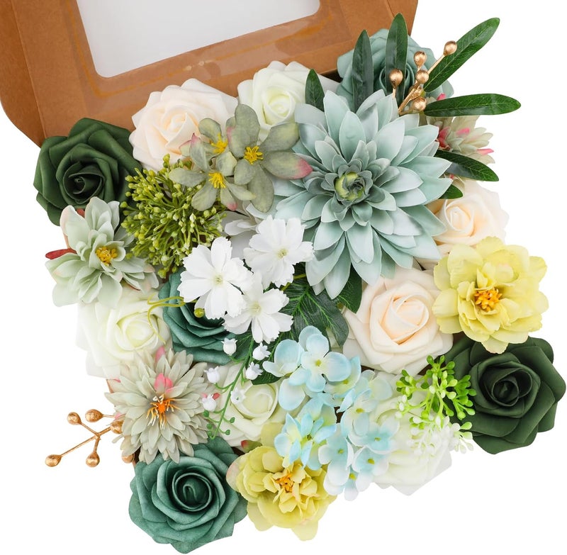 Floweroyal Artificial Flowers Combo Green Flowers Mix Silk Flowers Dahlia Roses with Stems for DIY Wedding Bridal Bouquets, Baby Shower, Floral Arrangement, Table Centerpieces, Home Decorations. - Image 1