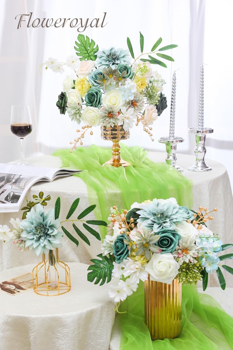 Floweroyal Artificial Flowers Combo Green Flowers Mix Silk Flowers Dahlia Roses with Stems for DIY Wedding Bridal Bouquets, Baby Shower, Floral Arrangement, Table Centerpieces, Home Decorations. - Image 4