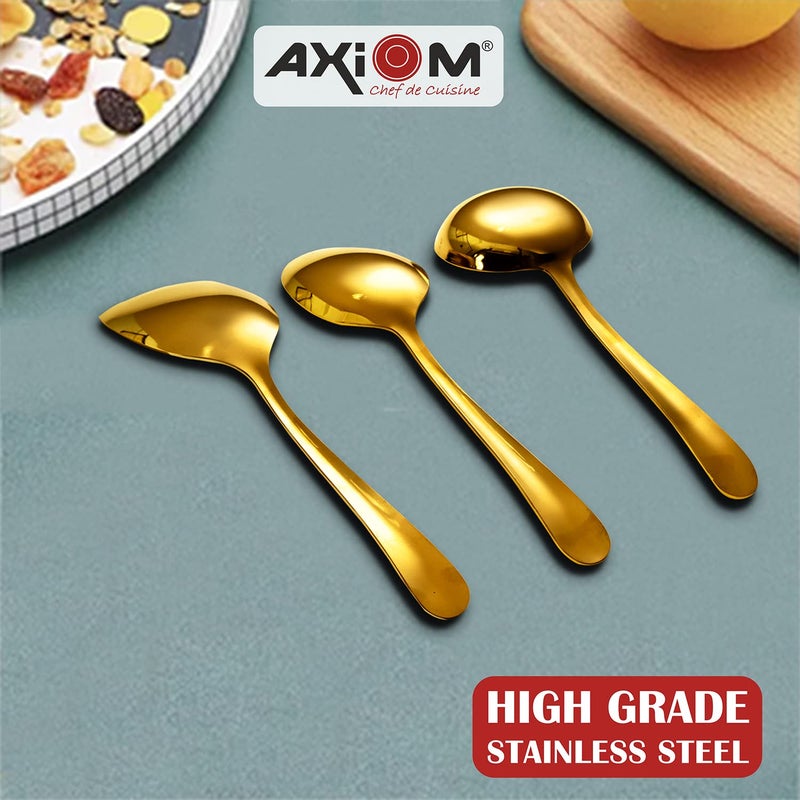 Axiom Stainless Steel Golden Serving Tools Set. 6 Piece Heavy Gauge Non-Stick Set Of 2 Soup Ladle (Karchi), 2 Solid Spoon (Chamcha) & 2 Rice Spoon For Serving Soup/Curry/Dal/Rice. Gold - 23 Cm - Image 4
