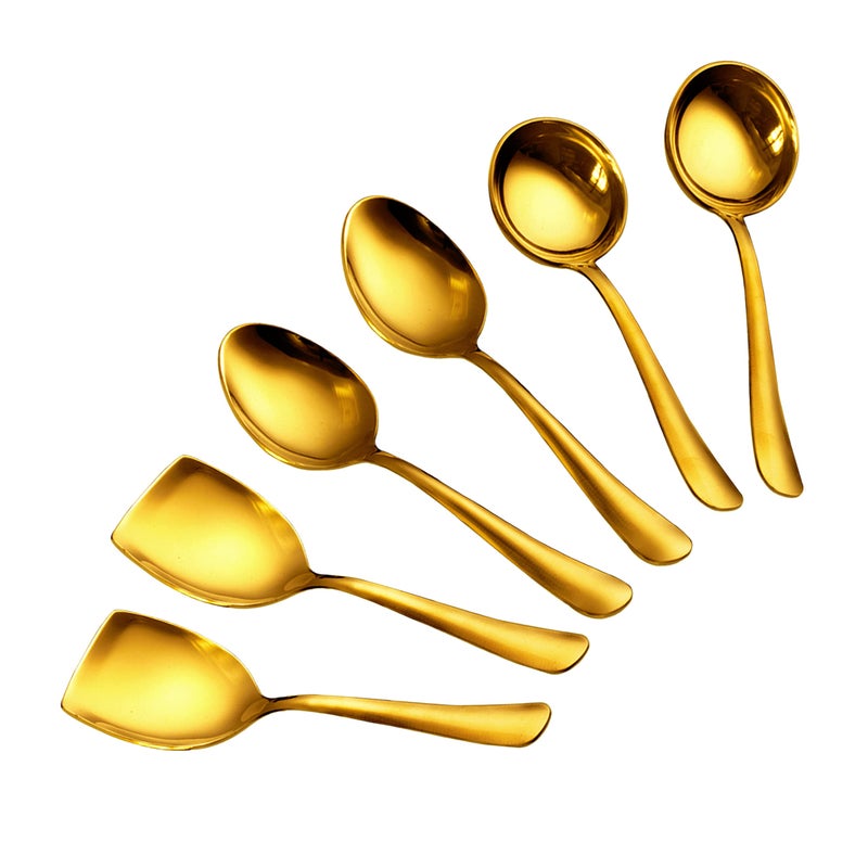 Axiom Stainless Steel Golden Serving Tools Set. 6 Piece Heavy Gauge Non-Stick Set Of 2 Soup Ladle (Karchi), 2 Solid Spoon (Chamcha) & 2 Rice Spoon For Serving Soup/Curry/Dal/Rice. Gold - 23 Cm - Image 1