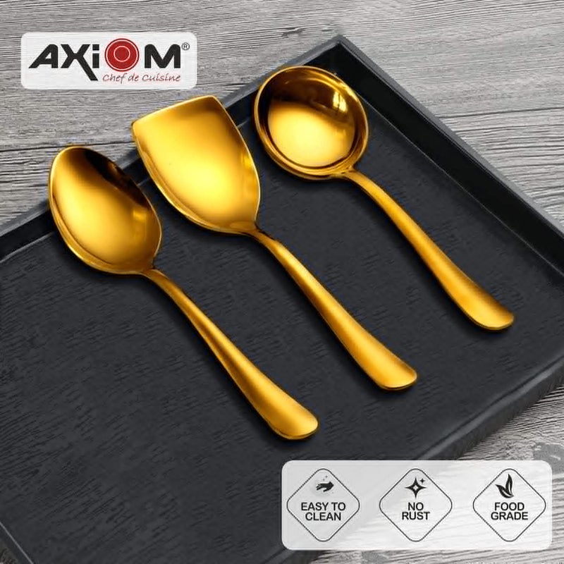 Axiom Stainless Steel Golden Serving Tools Set. 6 Piece Heavy Gauge Non-Stick Set Of 2 Soup Ladle (Karchi), 2 Solid Spoon (Chamcha) & 2 Rice Spoon For Serving Soup/Curry/Dal/Rice. Gold - 23 Cm - Image 3