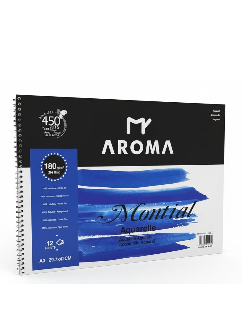 أروما دفتر رسم مائي ماي أروما A3 – ورق ألوان مائية احترافى جودة عاليه 180 جم 12 ورقة بحجم A3 (29.7×42 سم) - Image 1