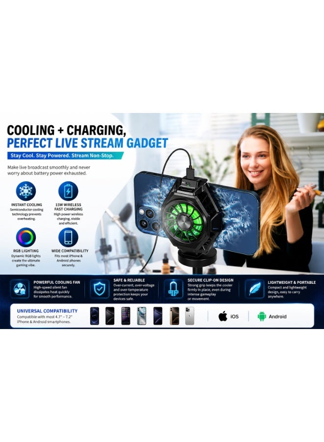 BR20 PRO Phone Cooler 15W Wireless Charger 2-in-1 – Semiconductor Cooling Fan for Gaming, TikTok, Live Streaming (iOS & Android) - Image 5