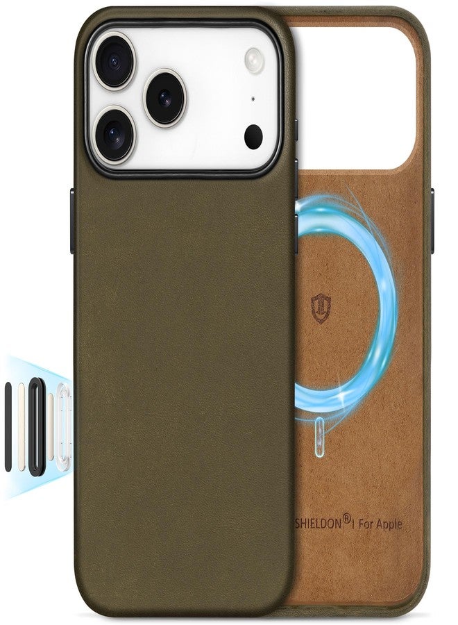SHIELDON Case for iPhone 17 Pro Max 6.9-inch, Top Grain Crazy Horse Leather, Magnetic Wireless Charging, Slim Fit, Anti-Scratch, Metal Buttons, Drop Proof Cover - Khaki - Image 1