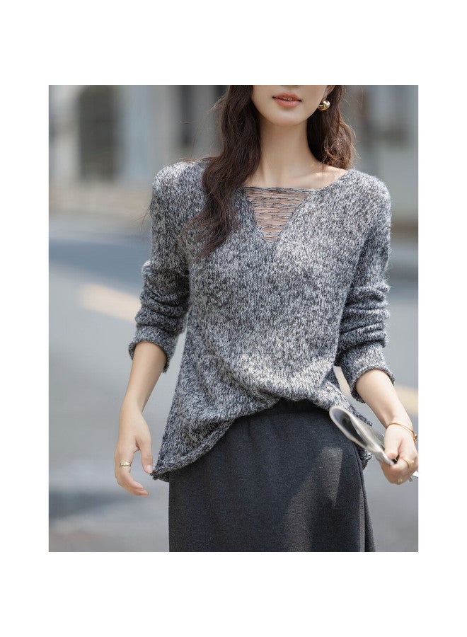 Dme Autumn Stylish V-neck Sweater, Floral Yarn Pee Knit Top For Wome - Image 5