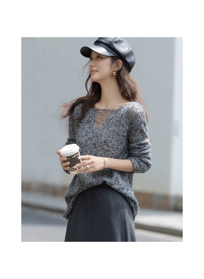 Dme Autumn Stylish V-neck Sweater, Floral Yarn Pee Knit Top For Wome - Image 2