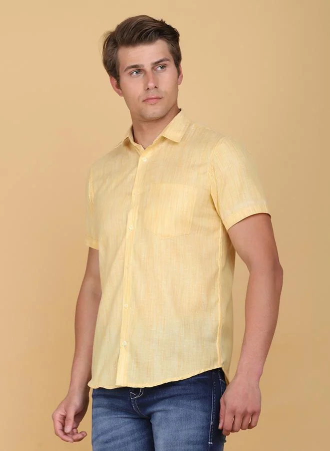 Take Two Men Yellow Linen Look Short Sleeve Shirt