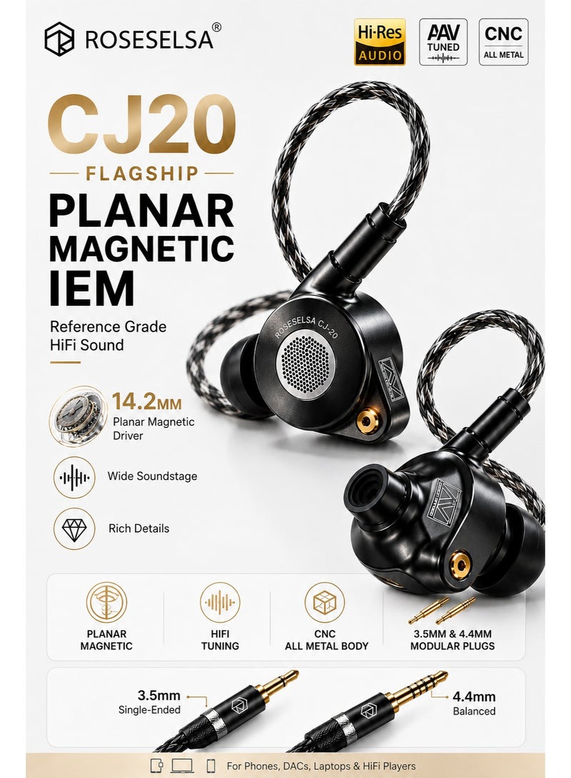 ROSESELSA CJ20 Flagship Planar Magnetic HiFi IEM Earphones, 14.2mm Audiophile Driver, CNC All Metal Body, OCC Detachable Cable, 3.5mm & 4.4mm Modular Plugs, Professional Studio Sound - Image 1