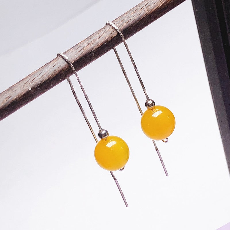 S925 Silver Round Bead Ear Line Empty Pad Inlaid With Pearl Beeswax Amber Earrings Pad Wear Small Ping An Buckle Ear Pin - Image 3