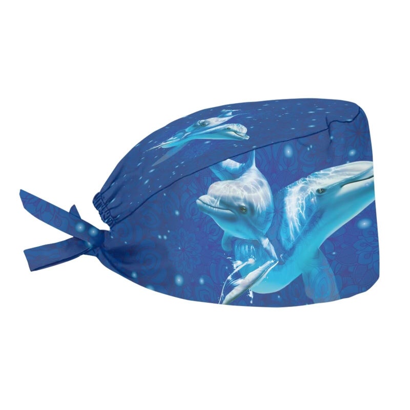 Biyejit Starry Dolphins Working Cap Scrub Cap with Sweatband Adjustable Scrub Caps for Women Men One Size - Image 3