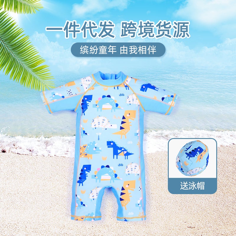 New Children''s Swimsuit Boy''s Cartoon Dinosaur Small and Medium-sized Children''s Short-sleeved Swimsuit Boy''s one-piece Swimsuit suit - Image 1