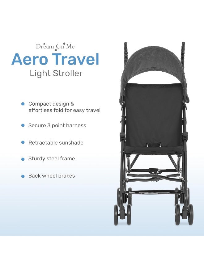 Dream On Me Aero Travel Umbrella Stroller, One-Hand Quick Fold, 3-Point Safety Harness, Dual Brakes, Adjustable Removable Canopy, Lightweight Compact & Space-Saving for Infants and Toddlers â€“ Black - Image 2