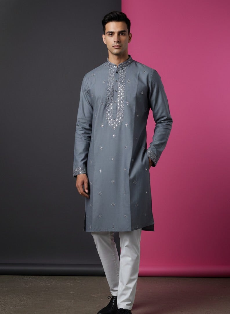 Mirror work embroidered grey cotton silk kurta set — Kurta Sets | Lehar Clothing UAE